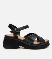 Women's Leather Wedge Sandals - Black