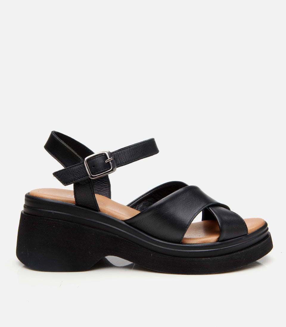 Women's Leather Wedge Sandals - Black