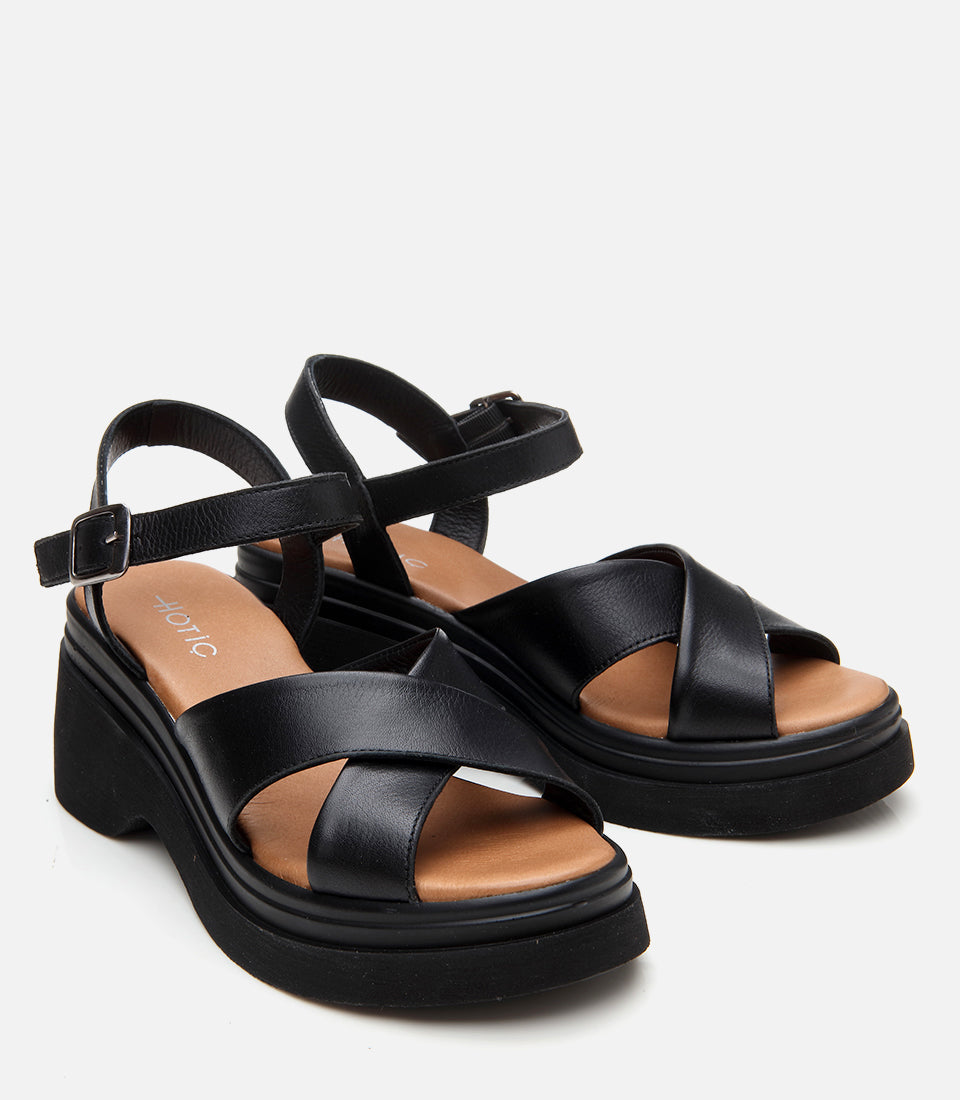 Women's Leather Wedge Sandals - Black