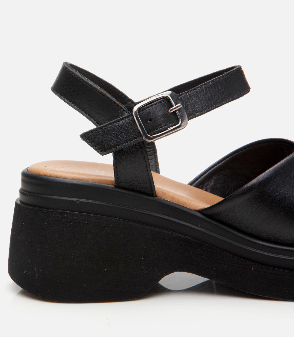 Women's Leather Wedge Sandals - Black