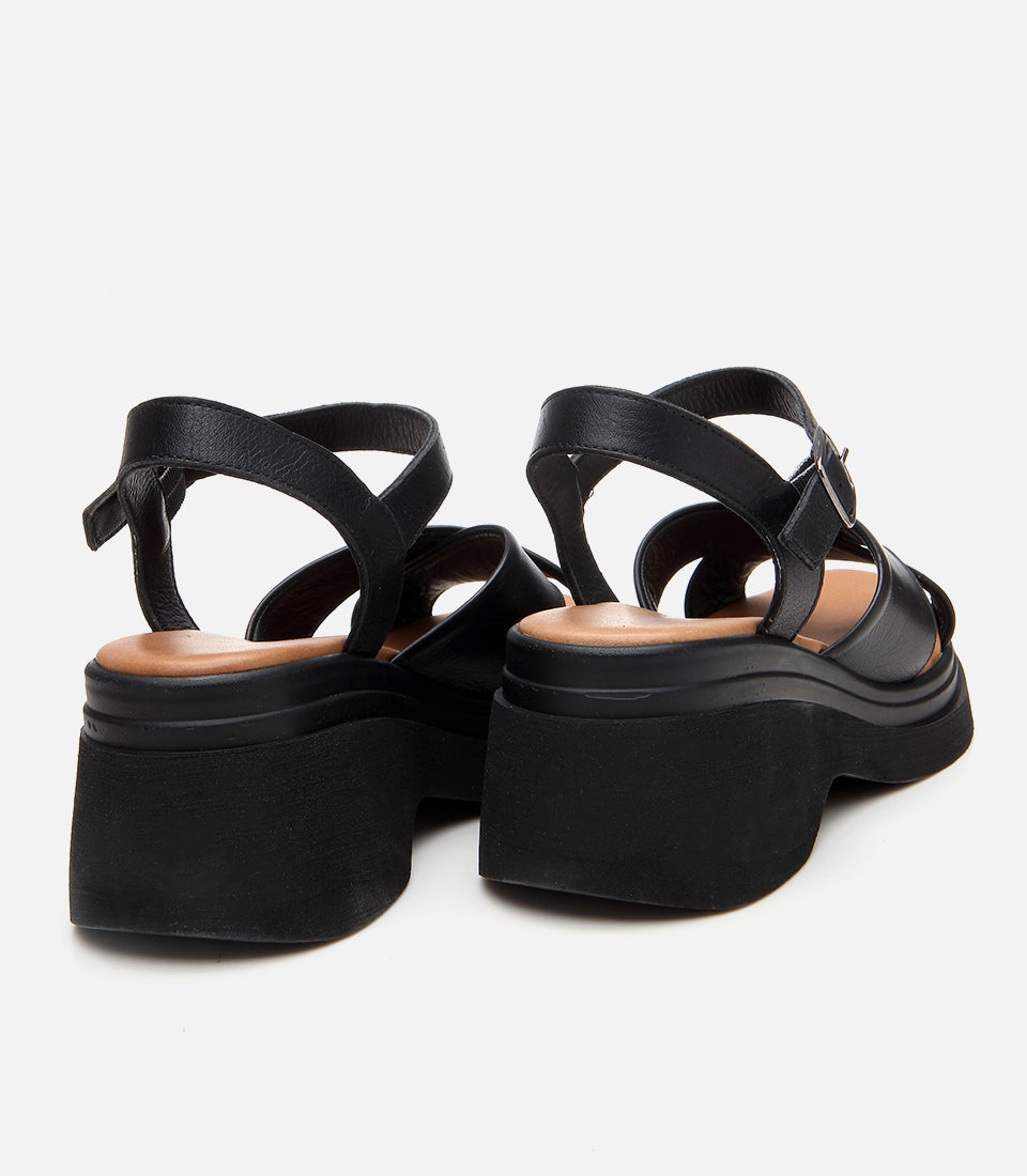 Women's Leather Wedge Sandals - Black