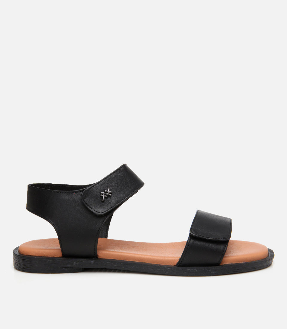 Women's Leather Flat Sandals - Black
