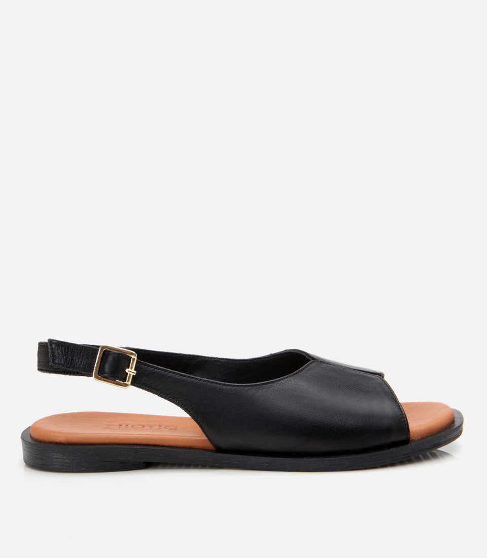 Women's Leather Flat Sandals - Black