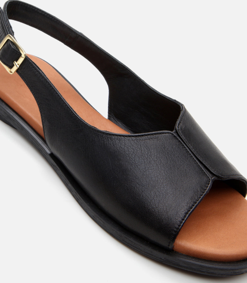 Women's Leather Flat Sandals - Black