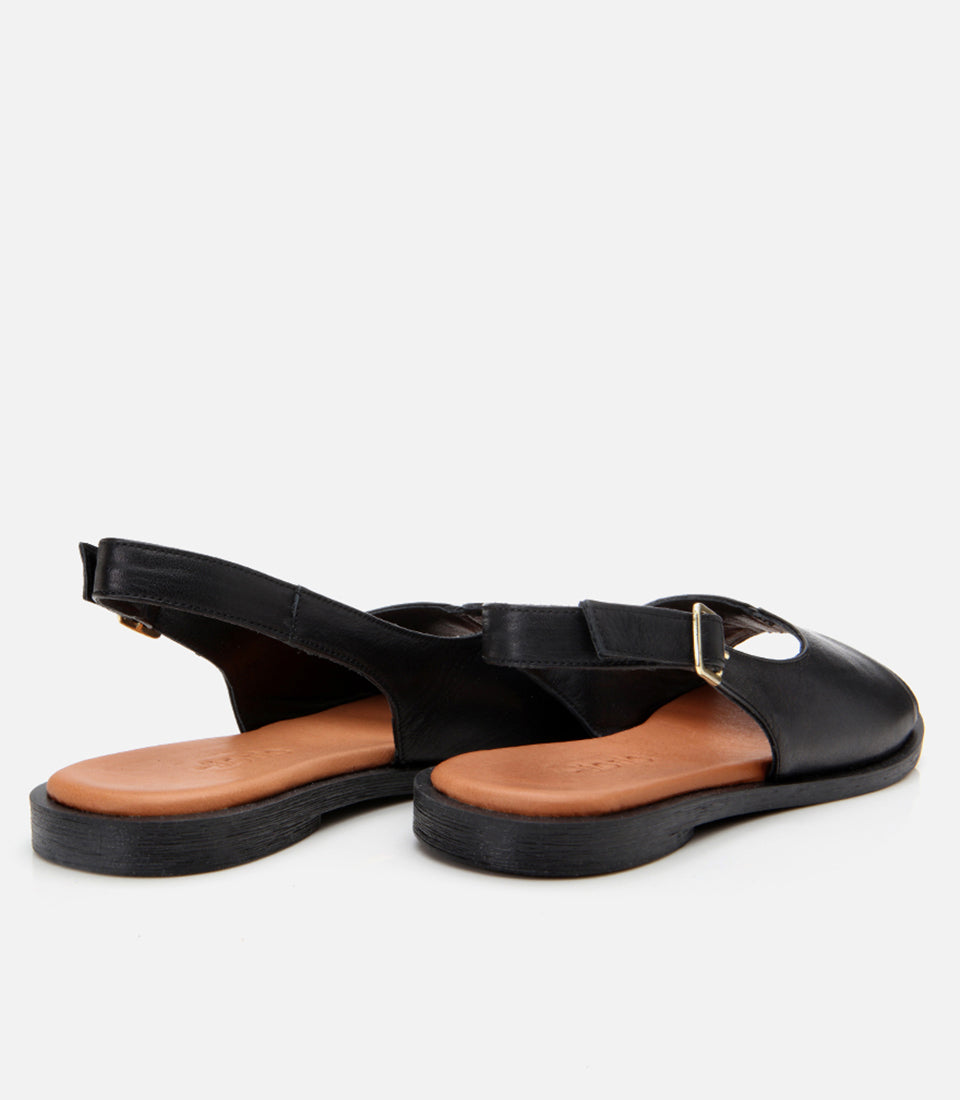 Women's Leather Flat Sandals - Black