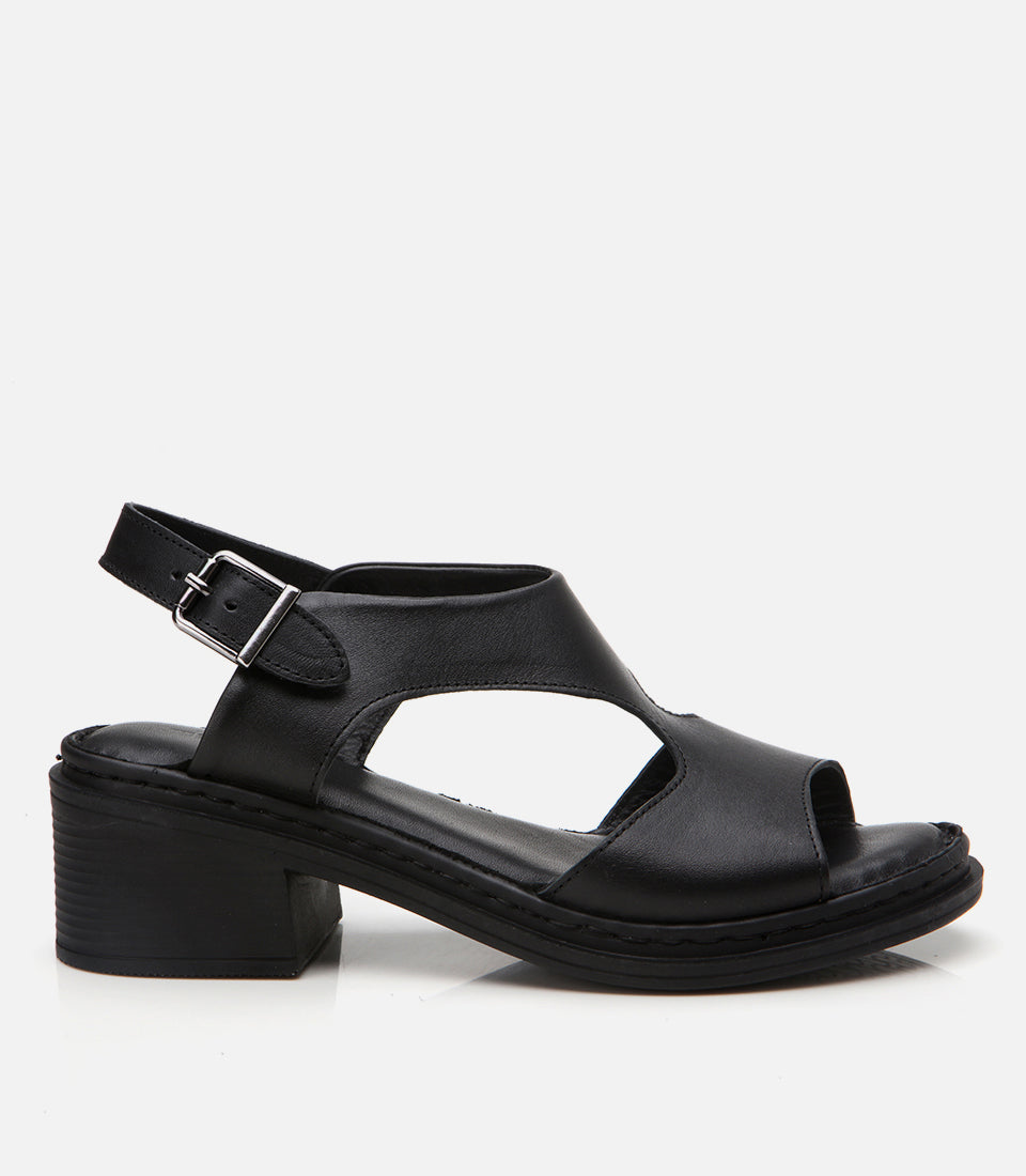Women's Leather Block Heel Sandals - Black
