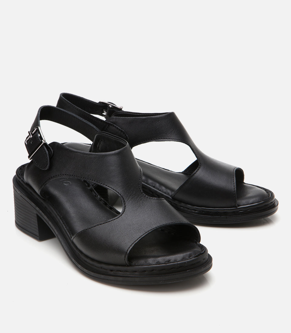 Women's Leather Block Heel Sandals - Black