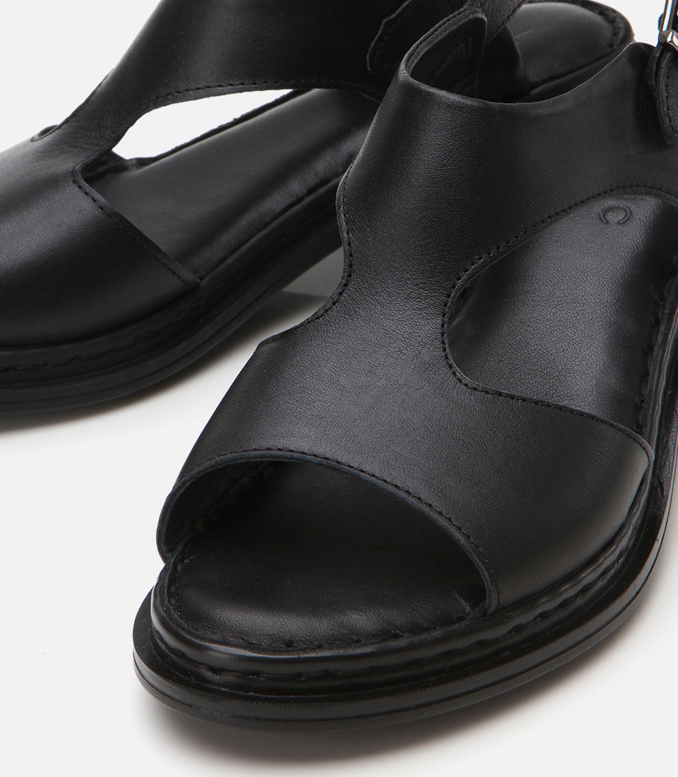 Women's Leather Block Heel Sandals - Black
