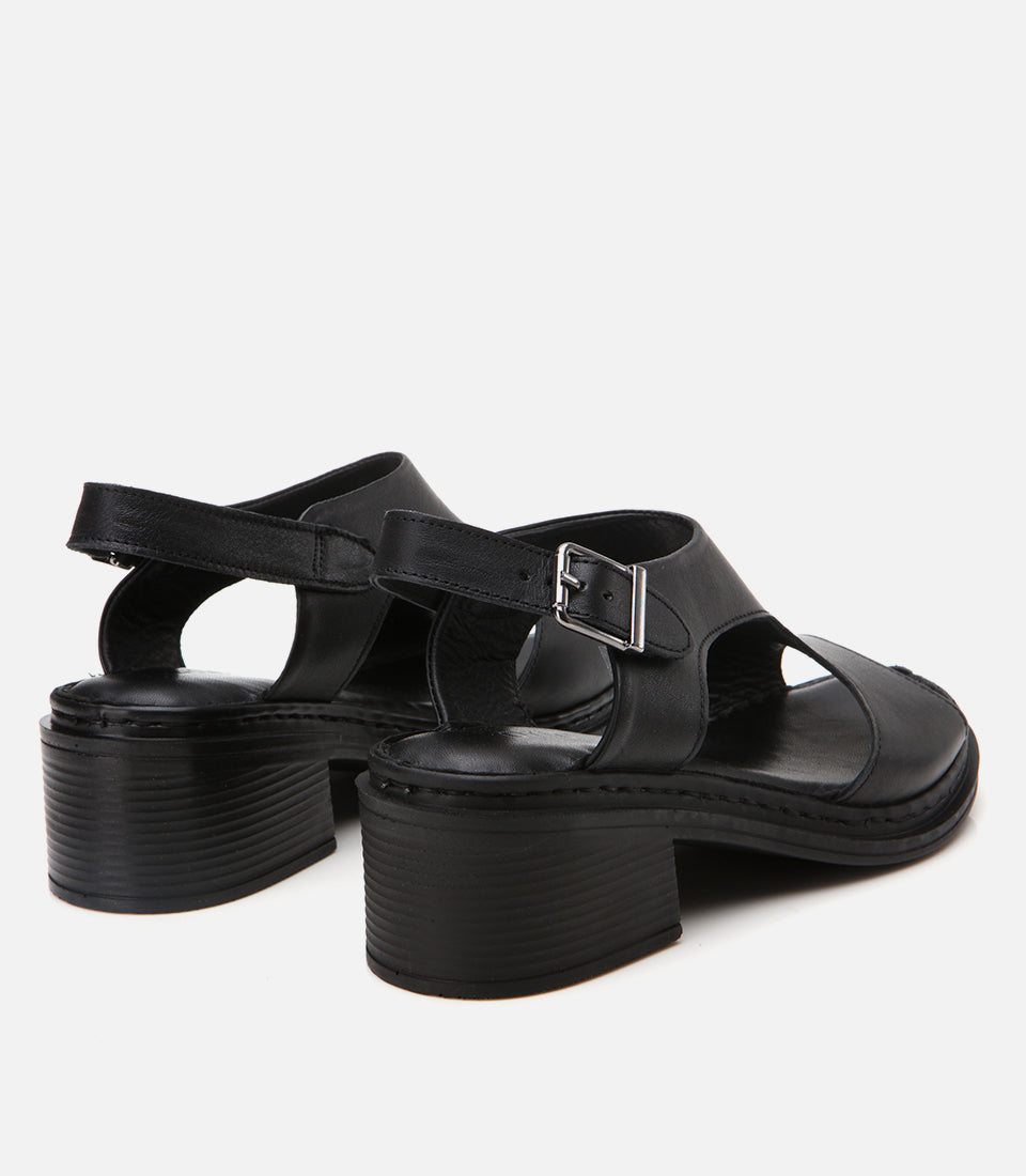 Women's Leather Block Heel Sandals - Black