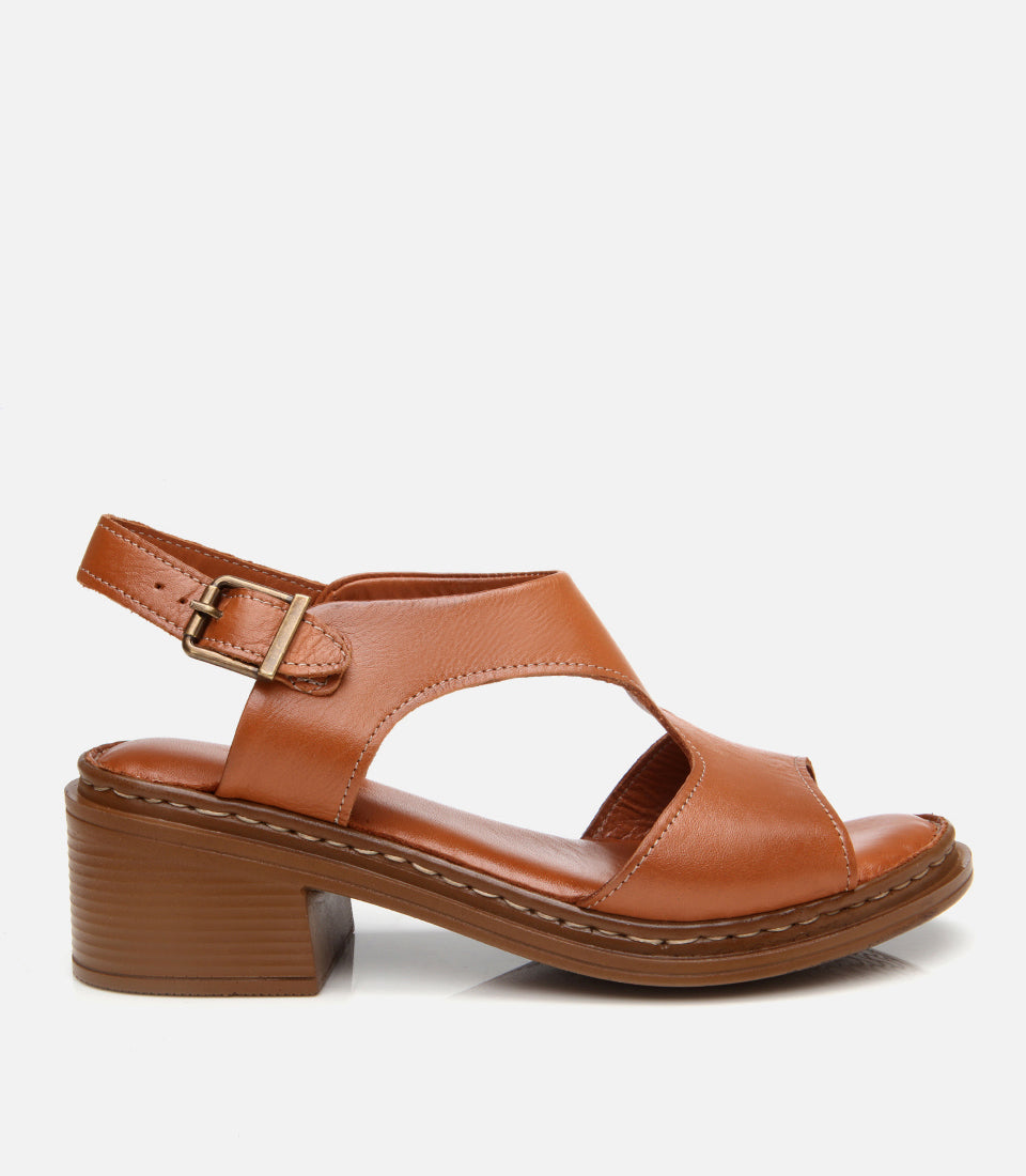 Women's Leather Block Heel Sandals - Tan