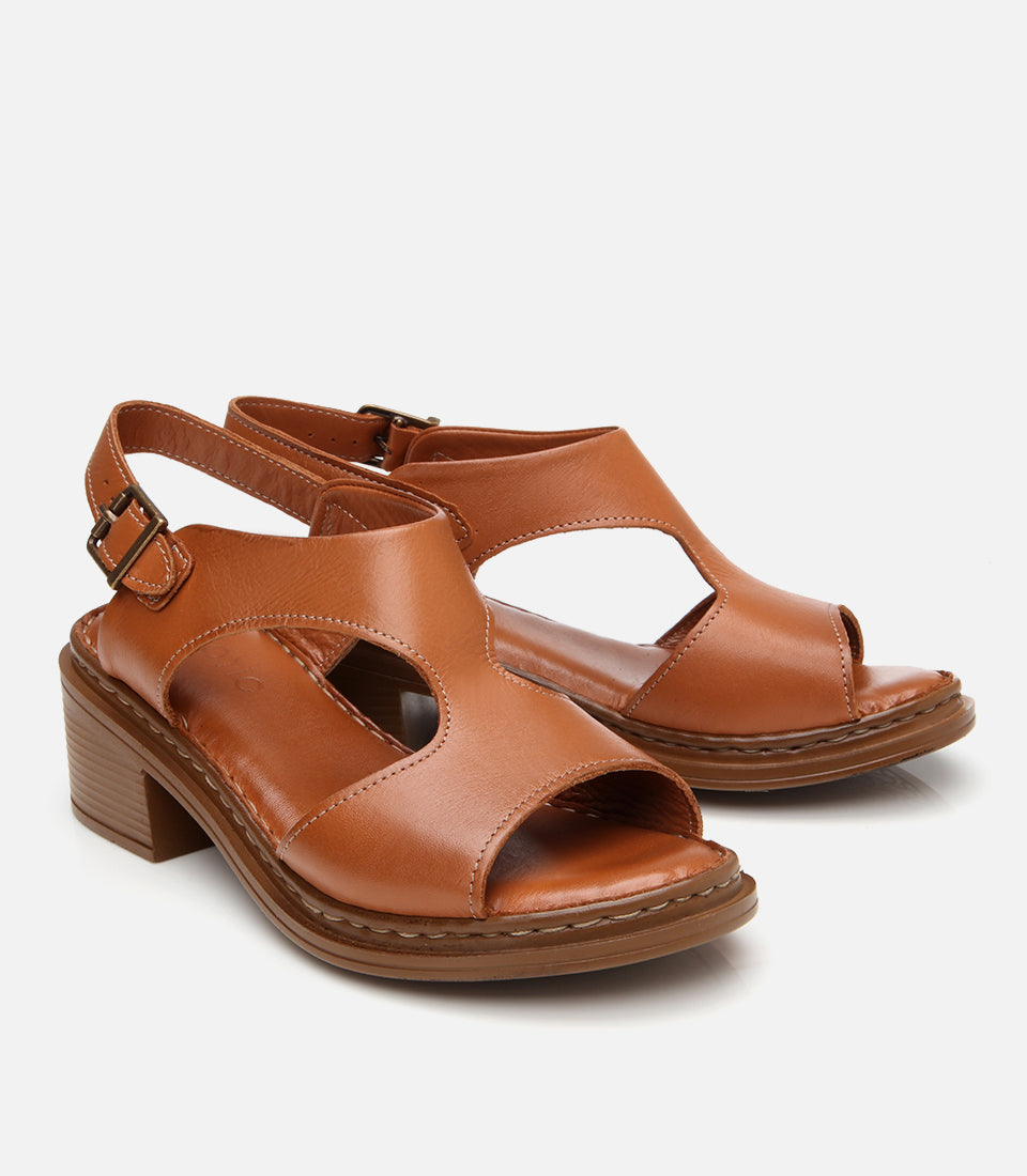 Women's Leather Block Heel Sandals - Tan