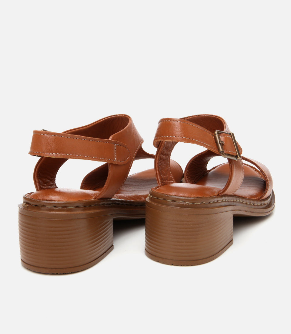 Women's Leather Block Heel Sandals - Tan
