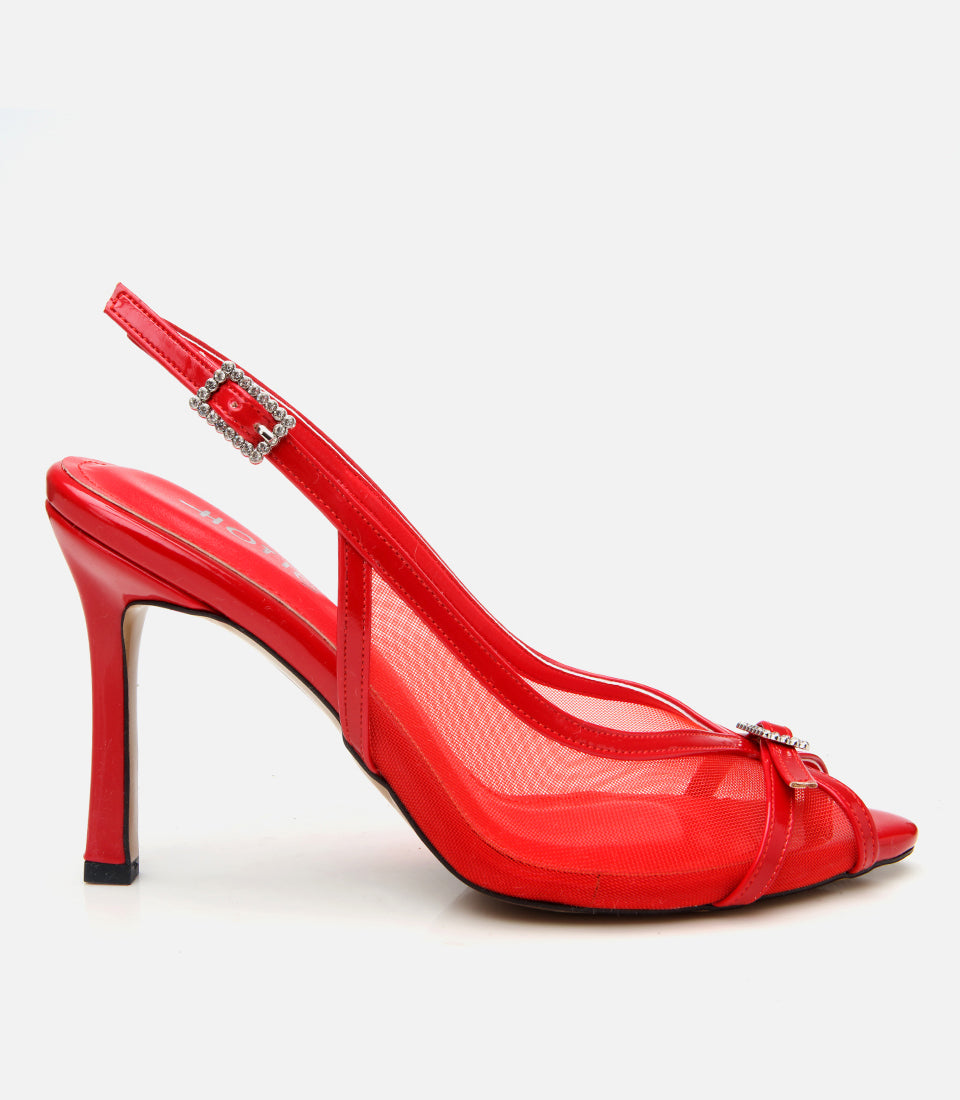 Women's Leather Heeled Sandals - Red