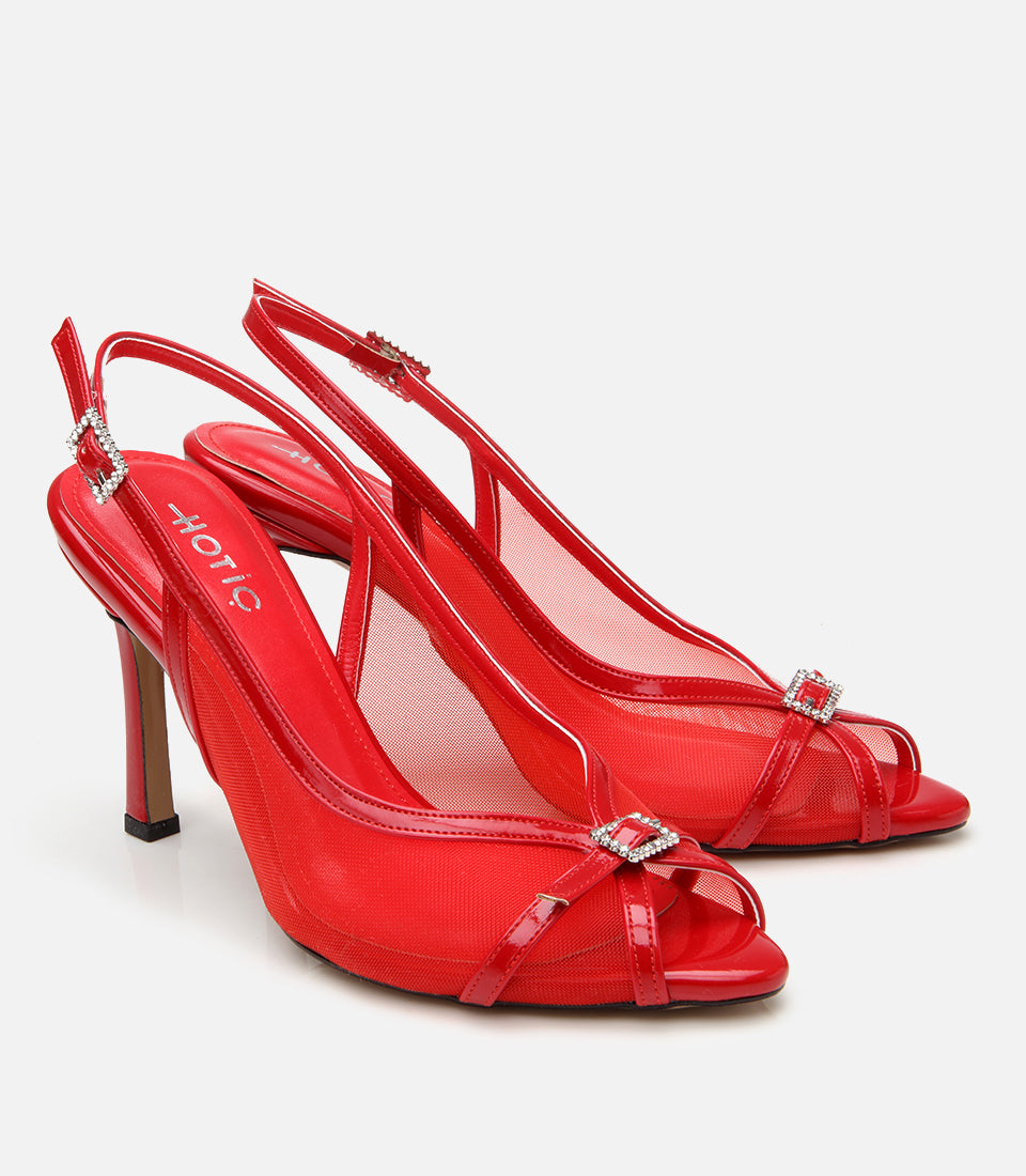 Women's Leather Heeled Sandals - Red