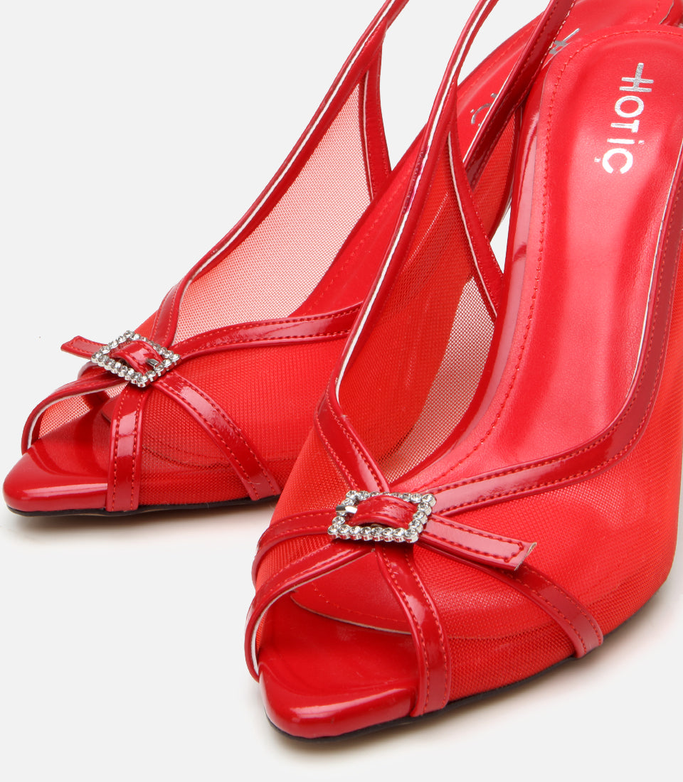 Women's Leather Heeled Sandals - Red