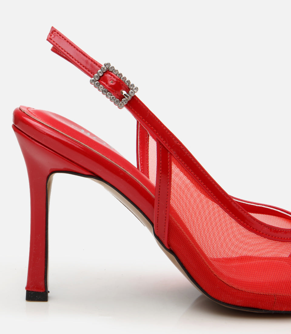 Women's Leather Heeled Sandals - Red