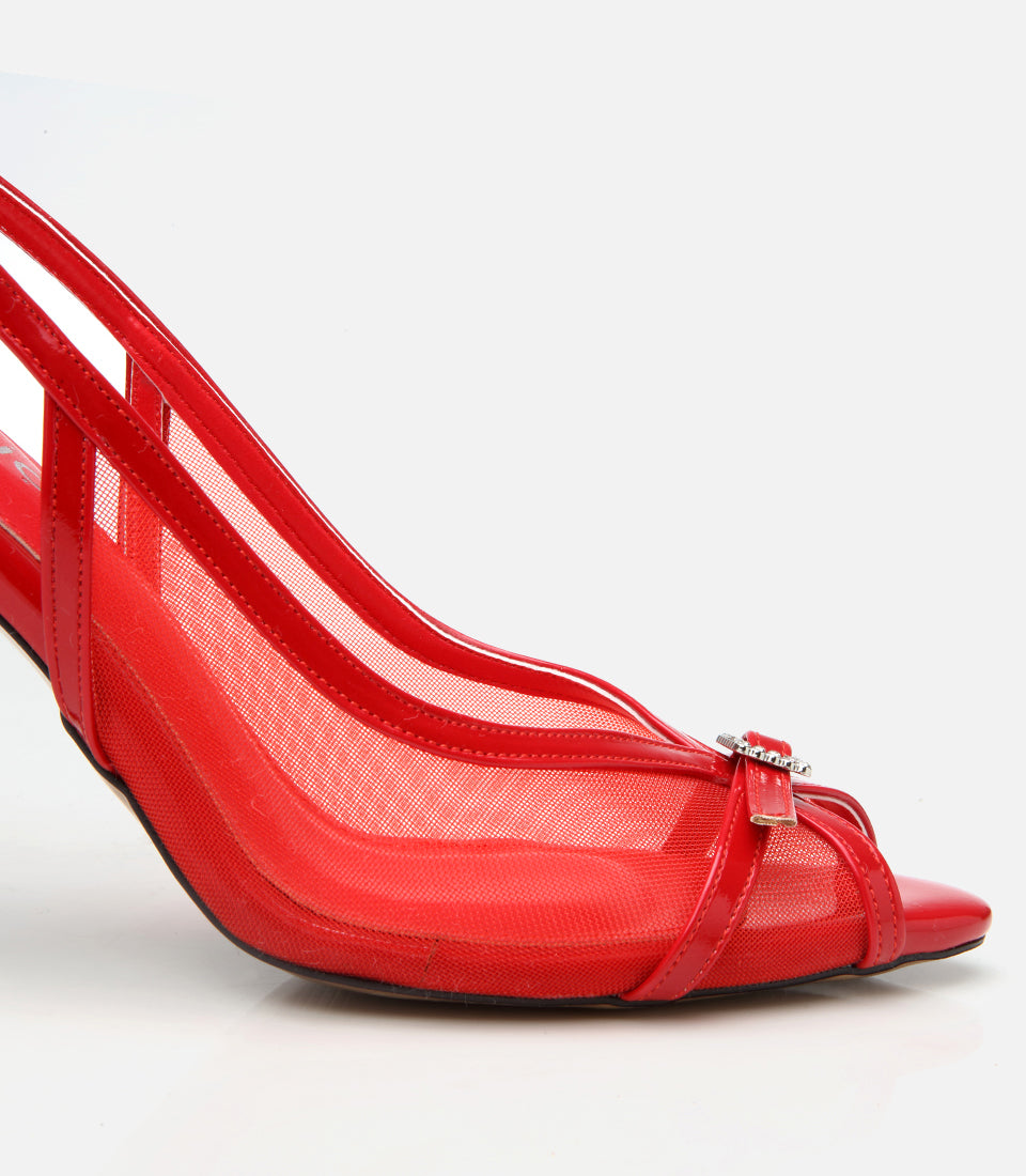 Women's Leather Heeled Sandals - Red