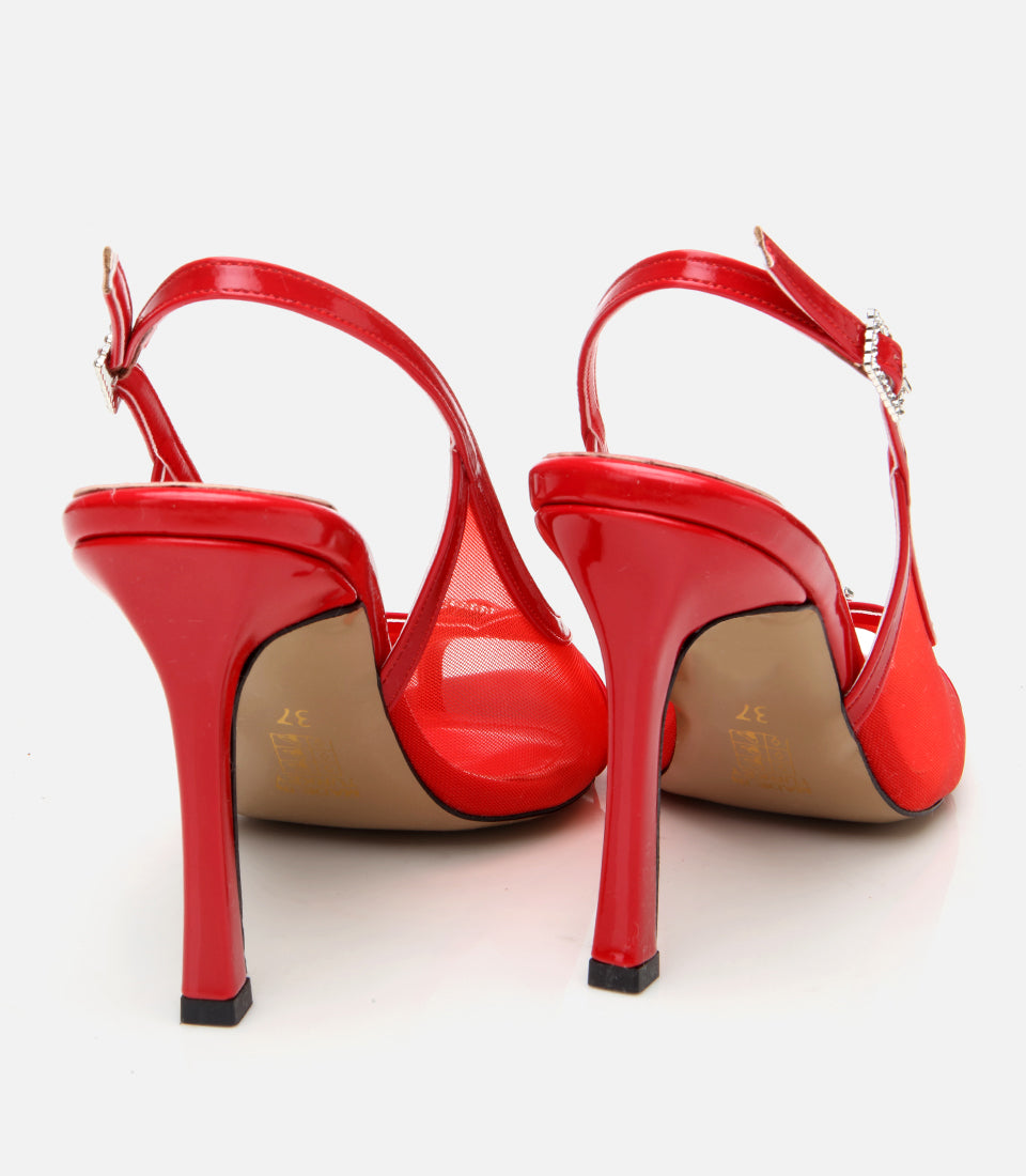Women's Leather Heeled Sandals - Red