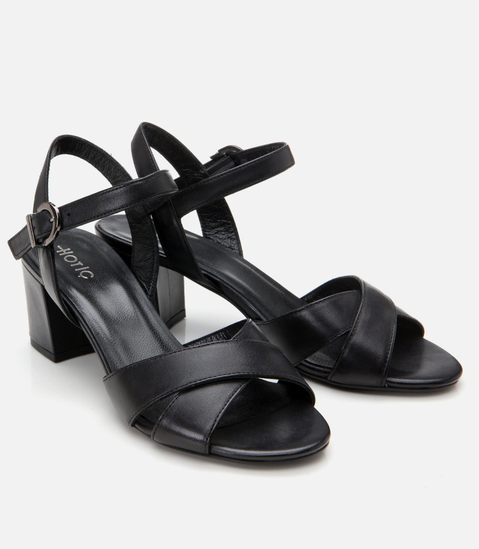 Women's Leather Block Heel Sandals - Black