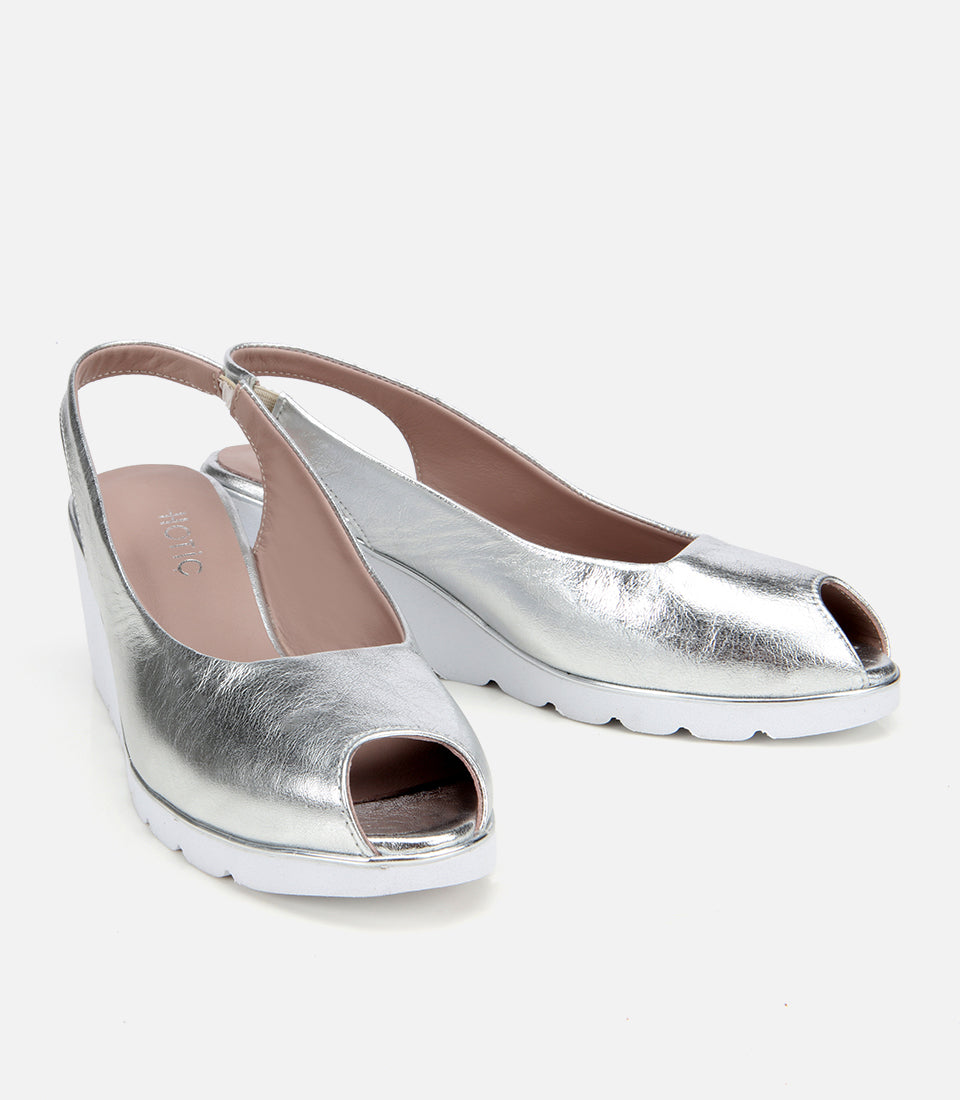 Women's Leather Wedge Sandals - Silver