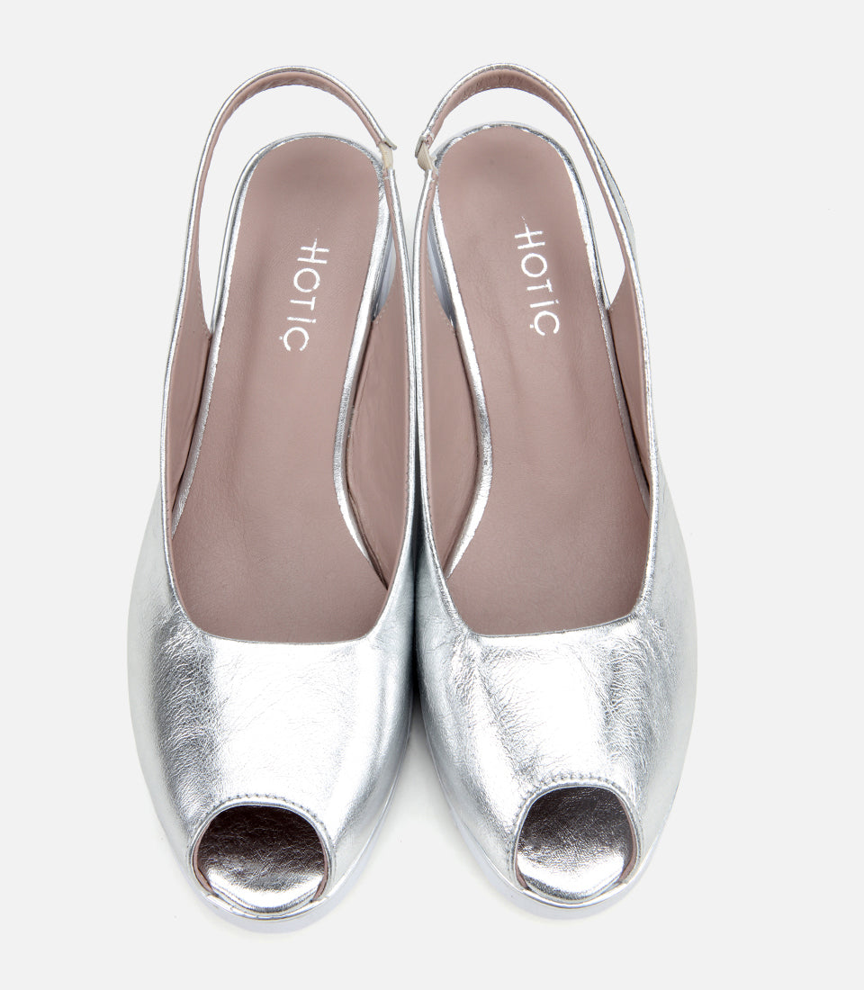 Women's Leather Wedge Sandals - Silver