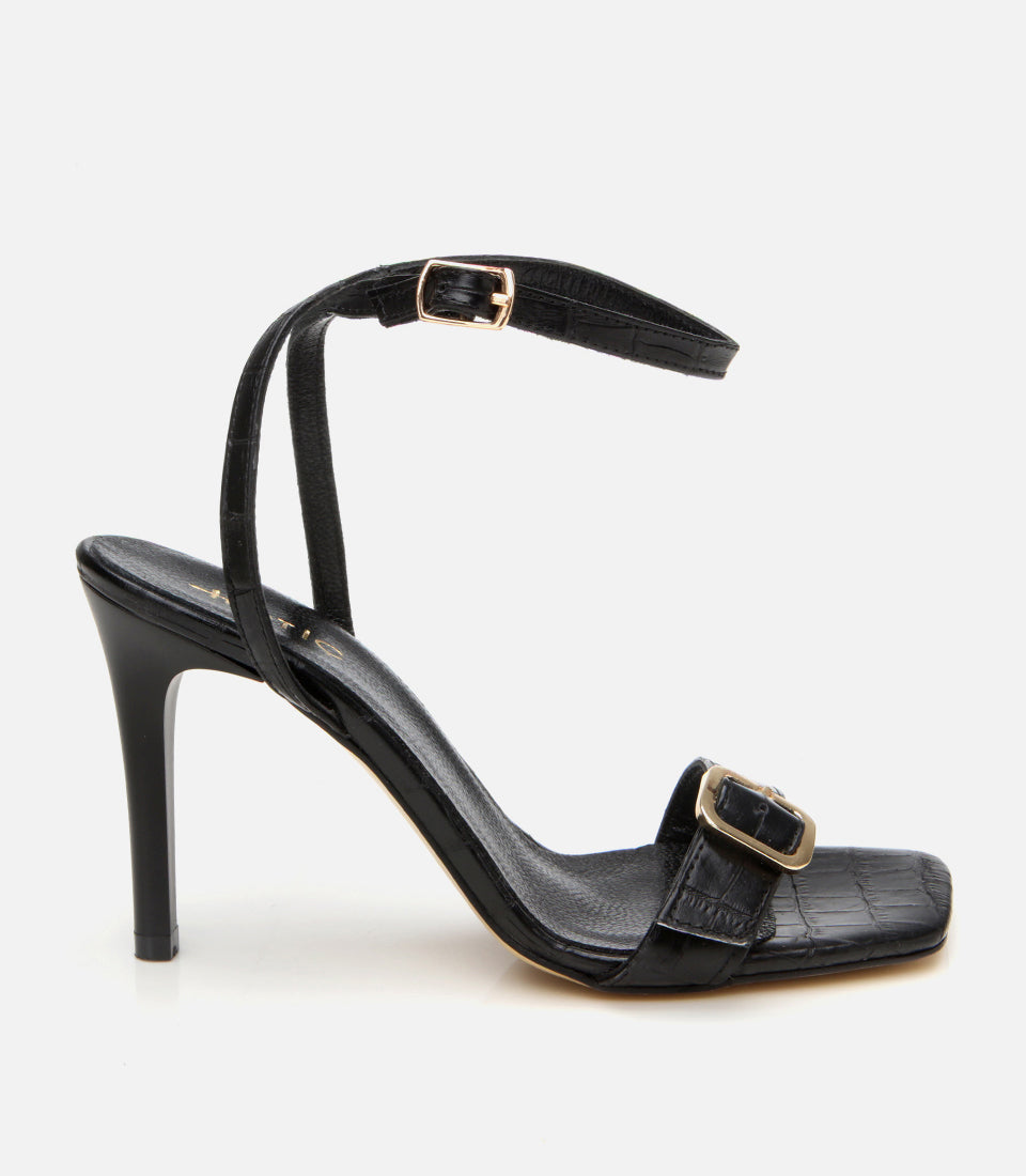 Women's Leather Heeled Sandals - Black