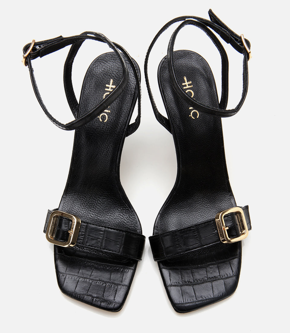 Women's Leather Heeled Sandals - Black