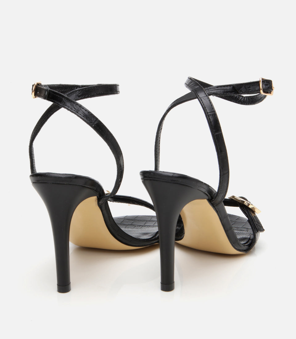 Women's Leather Heeled Sandals - Black