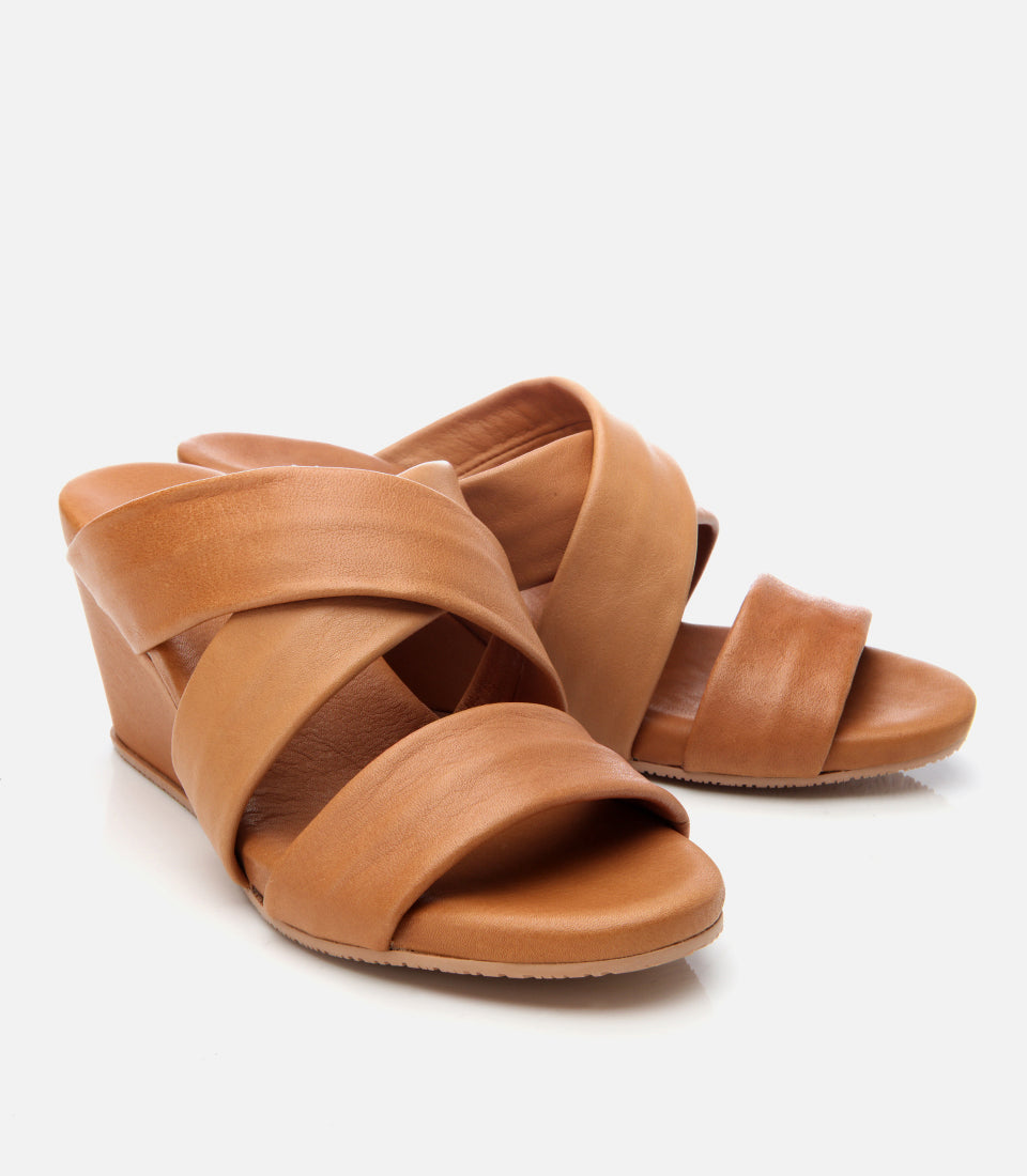 Women's Leather Wedge Mules - Tan