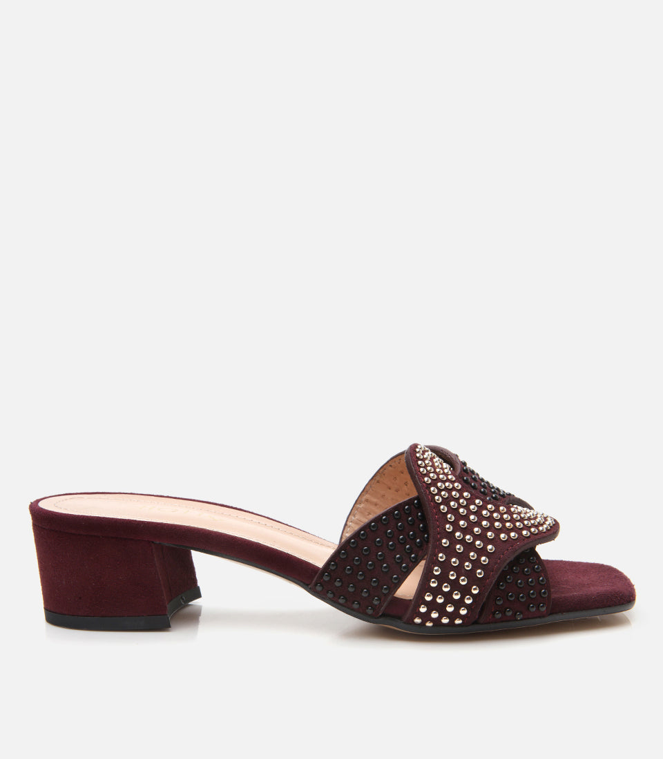 Women's Suede Heeled Mules - Burgundy