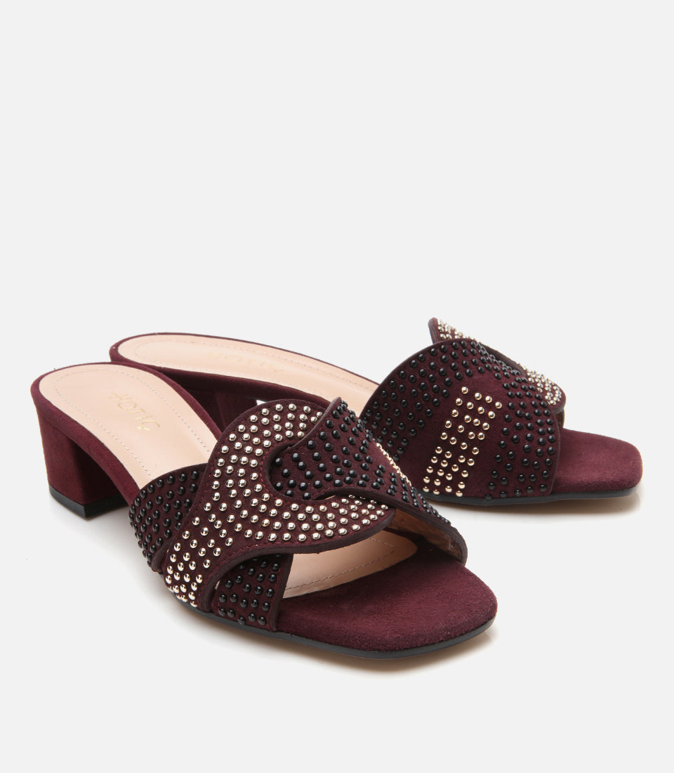 Women's Suede Heeled Mules - Burgundy