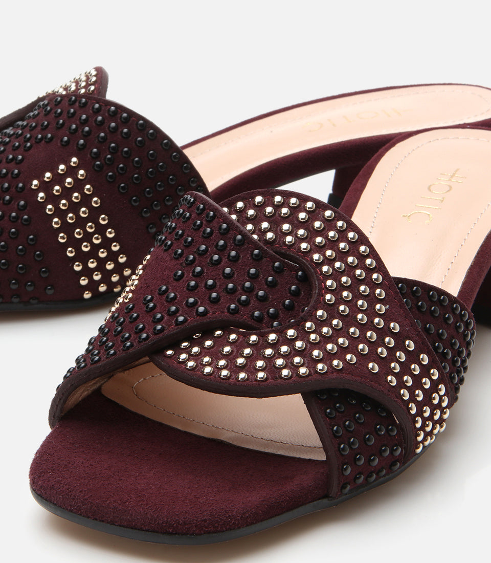 Women's Suede Heeled Mules - Burgundy