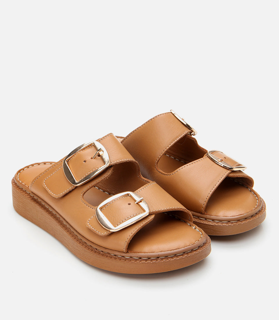 Women's Leather Slides - Tan