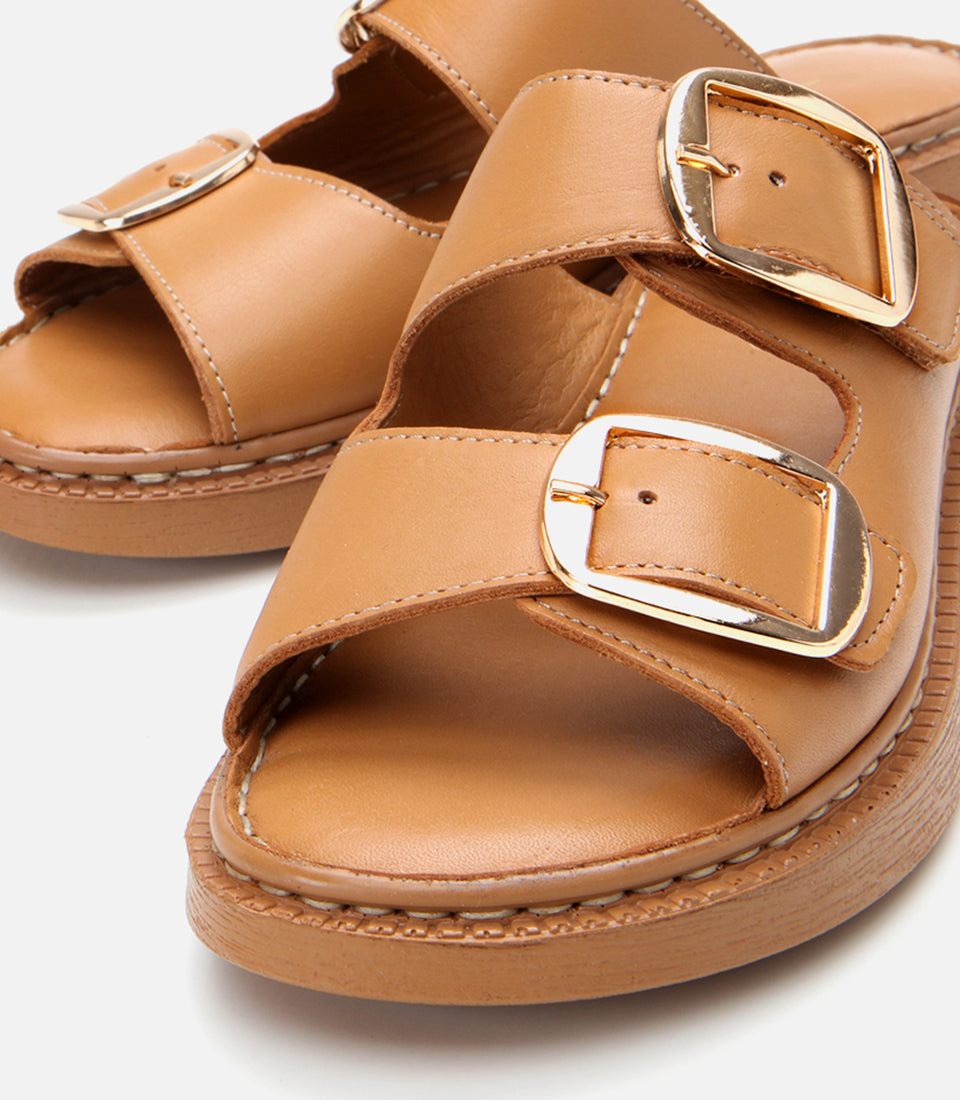 Women's Leather Slides - Tan