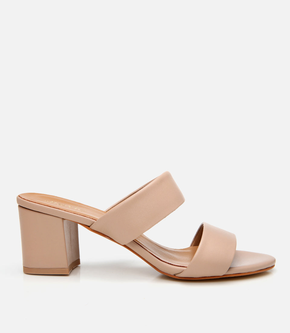 Women's Leather Heeled Mules - Beige