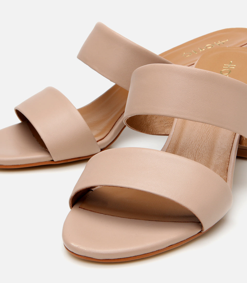 Women's Leather Heeled Mules - Beige