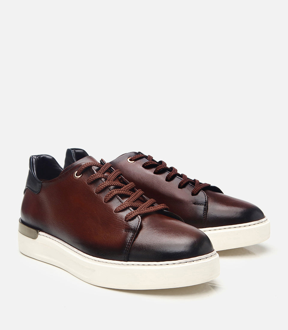Men’s Leather Buckle Detail Trainers - Brown