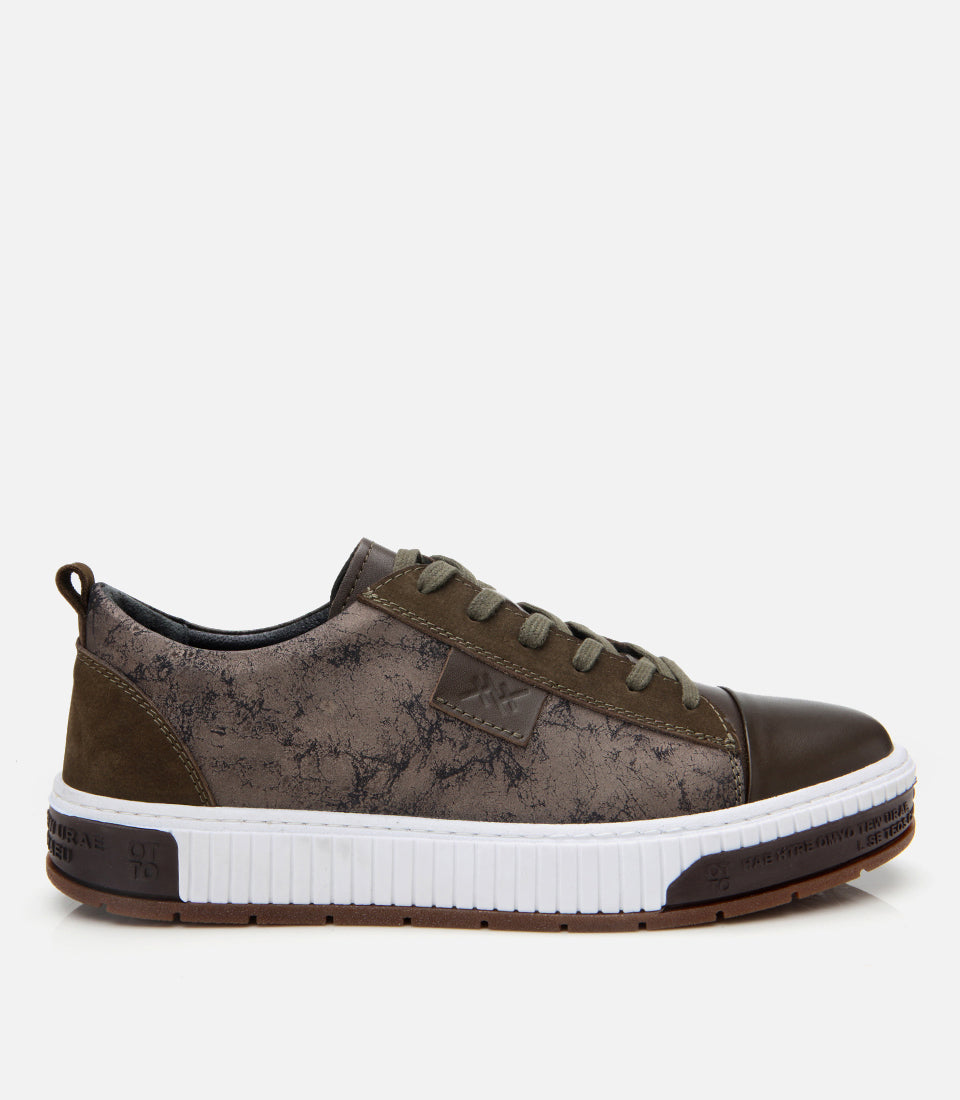 Men’s Leather Patterned Trainers - Khaki