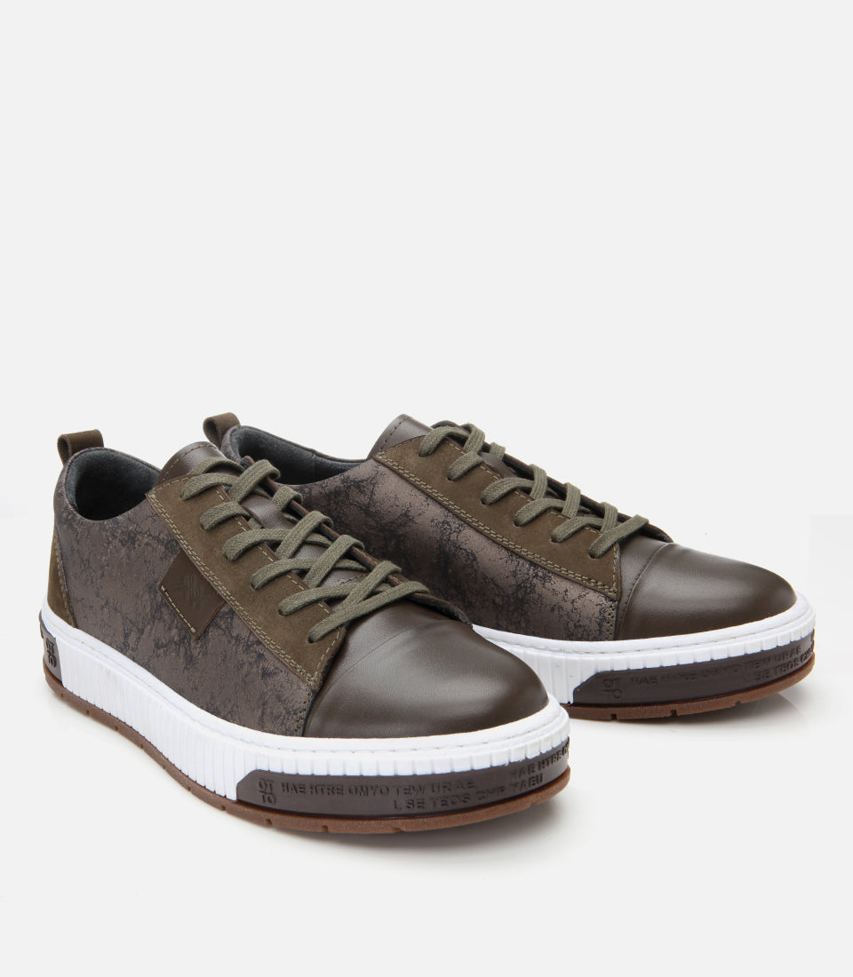 Men’s Leather Patterned Trainers - Khaki